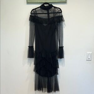 Hope & ivy Elegant Black Swiss dot tulle Lace long sleeve Dress midi 12 nwot